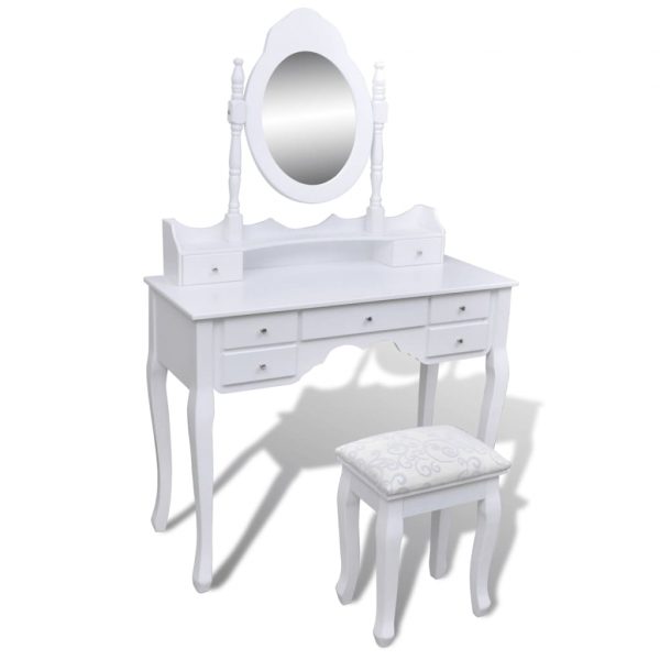 Sminkbord med spegel och pall 7 lådor vit