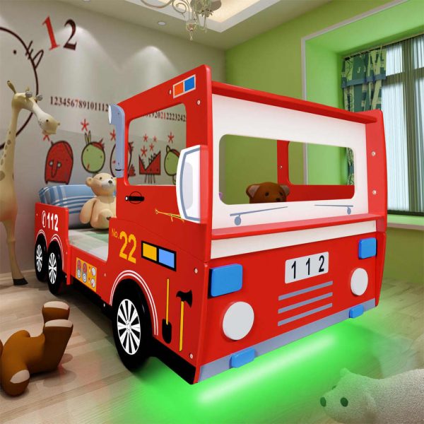 LED Barnsäng Brandbil med memoryskummadrass